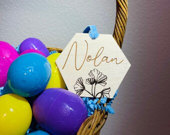 Center Flower Hexagon Personalized Easter Basket Tag, Custom Easter Name Tag, Floral Easter Basket Tag, Reusable Easter Basket Name Tag