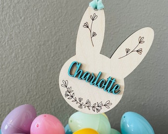 Floral Bunny Silhouette Personalized Easter Basket Tag, Custom Easter Name Tag, Floral Easter Basket Tag, Reusable Easter Basket Name Tag
