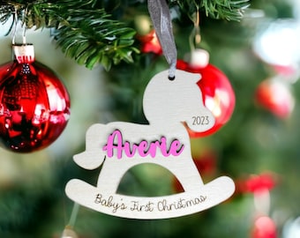 Custom Baby’s First Christmas Rocking Horse, Personalized Baby Christmas Ornament for New Parents, Grandparents, Godparents, & for Adoption