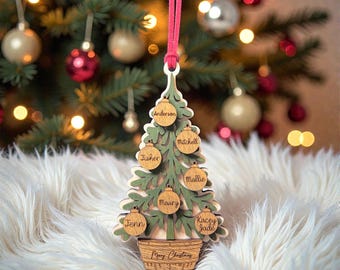 Personalized Family Christmas Tree Ornament | Custom Name Ornament | Hand Painted Wooden Holiday Keepsake | Up to 12 Names