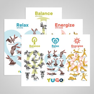 Paquete de carteles de personajes grandes de Yugo / 4 carteles de posturas de yoga, DESCARGA DIGITAL, Póster para niños, Póster de yoga, Posturas de yoga, Póster de animales