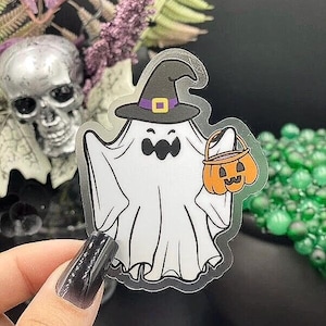 Trick or Treating Ghost Sticker - Fall, Autumn, Halloween, Dishwasher Safe, Durable, Vinyl, Laptop and Water Bottle Sticker, Decal, Spooky