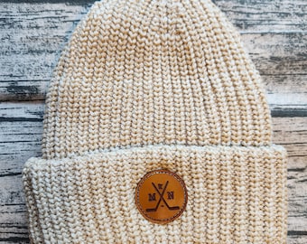Minnesota Hockey Knit Hat: Chunky Winter Beanie with Leather Patch