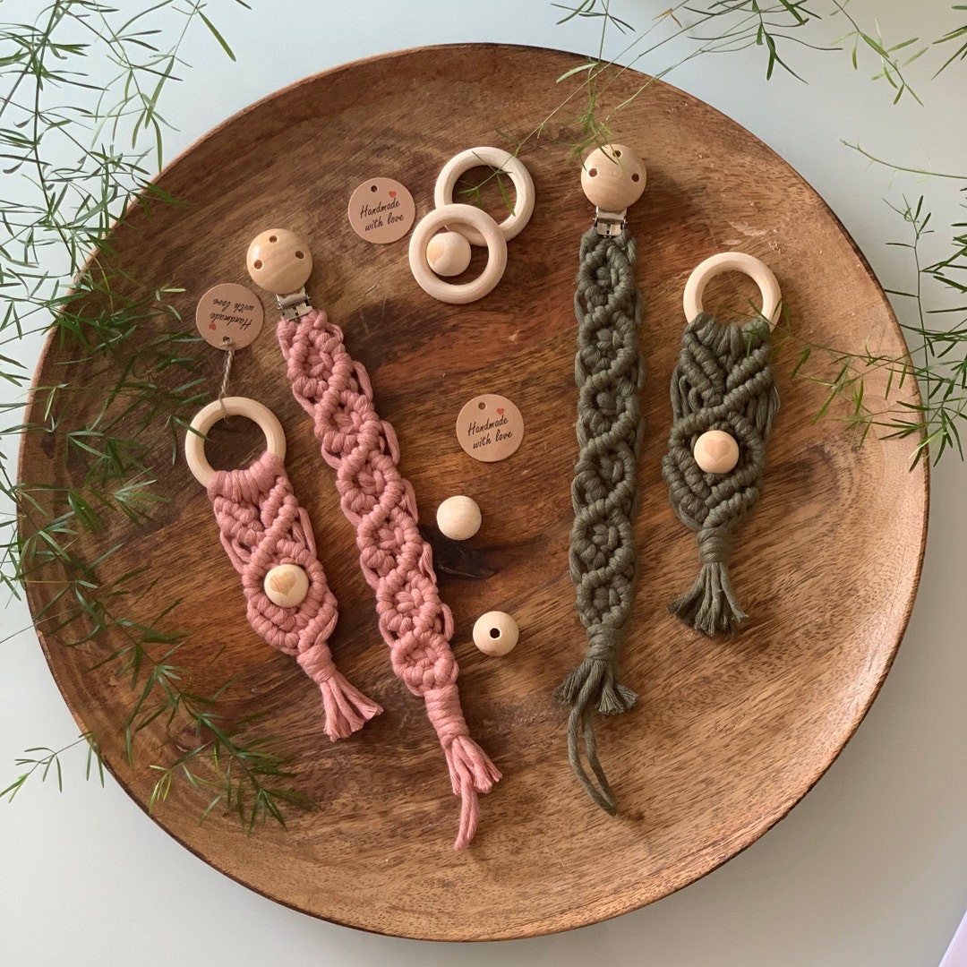 Macramé Pacifier Chain and Gripper Ring Set Boho Young Girls Birth