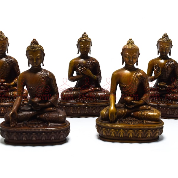 Set of  Five Meditating Buddhas| 5 Dhyani Buddhas | Vairochana| Akshobhya| Ratnasambhava| Amitabha| Amogasiddhi | 5 Buddha Copper Statue
