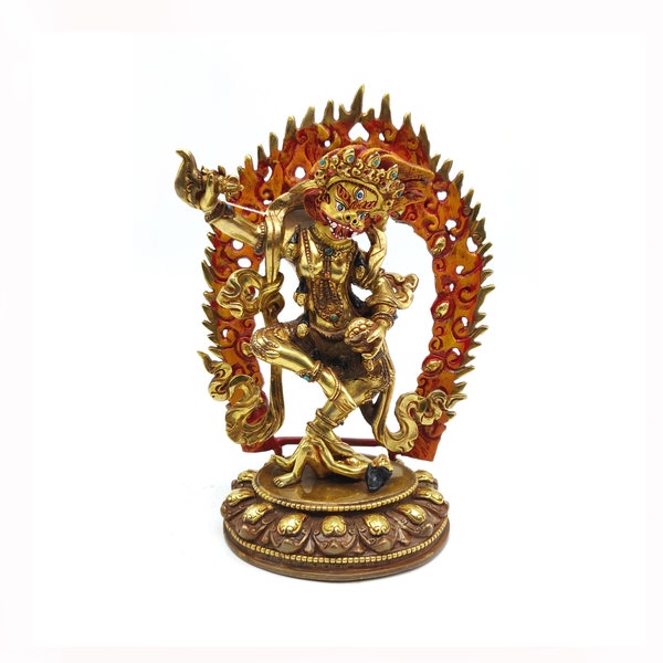 Simhavaktra Dakini Copper Statue- Face Painted Wrathful Protector-Lion Faced Dakini Statue-Gold Glided-Handcrafted in Nepal