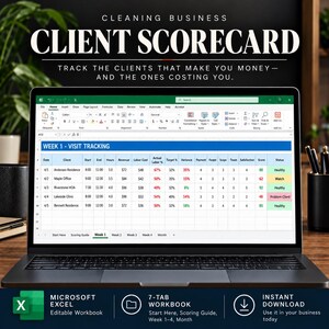 Könnte beinhalten: Ein Laptop-Bildschirm mit einer Microsoft Excel-Tabelle mit dem Titel Cleaning Business Client Scorecard. Die Tabelle enthält Spalten für Datum, Kunde, Stunden, Umsatz, Arbeitskosten und Status, wobei Zeilen die wöchentlichen Besuchdaten erfassen.