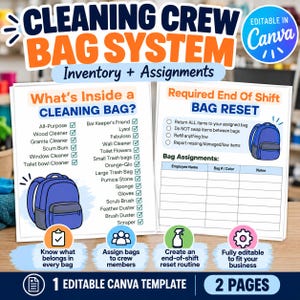 May include: A two-page Cleaning Crew Bag System template featuring a checklist titled What's Inside a Cleaning Bag? and a Required End Of Shift Bag Reset form. The design includes blue backpack illustrations, text fields for employee assignments, and icons.