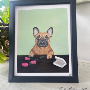French bulldog art print, dog eating donuts