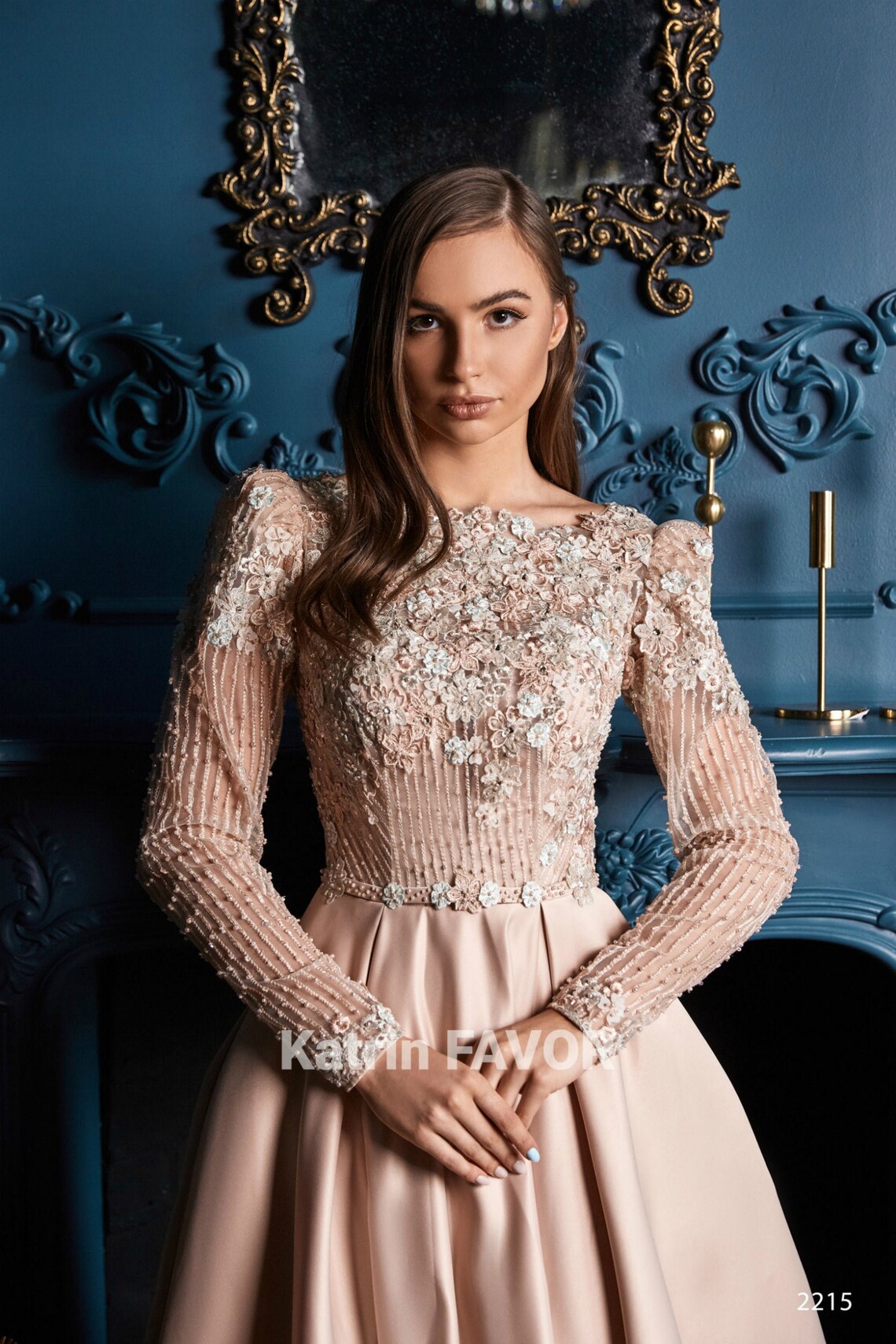 Blush Long Sleeve Wedding Dress Beaded Lace Colorful Wedding | Etsy