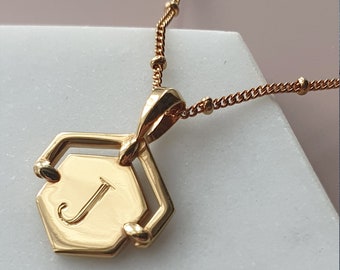 Mini Hexagon Pendant | Personalised | Monogram Name Necklace | Layered Chain | Minimal Silver Engraved Jewellery | Geometric | Gold Jewelry