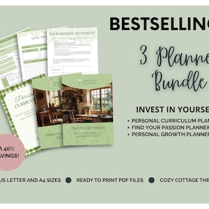 May include: A bundle of three planners with a cozy cottage theme. The planners include a personal curriculum planner, a find your passion planner, and a personal growth planner. The image includes the text "Bestselling 3 Planner Bundle".