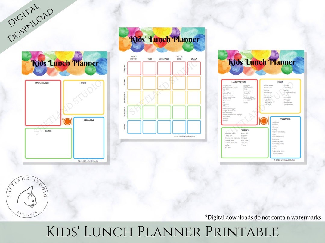 Kids Lunch Planner Printable-meal Planning-school Lunches-lunch Menu ...