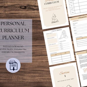 May include: A set of printable planner pages on a wooden surface. The main title reads "Personal Curriculum Planner." The pages include sections for course syllabi, assignments, and worksheets. The planner is an instant download with 50 PDF pages in US Letter size.