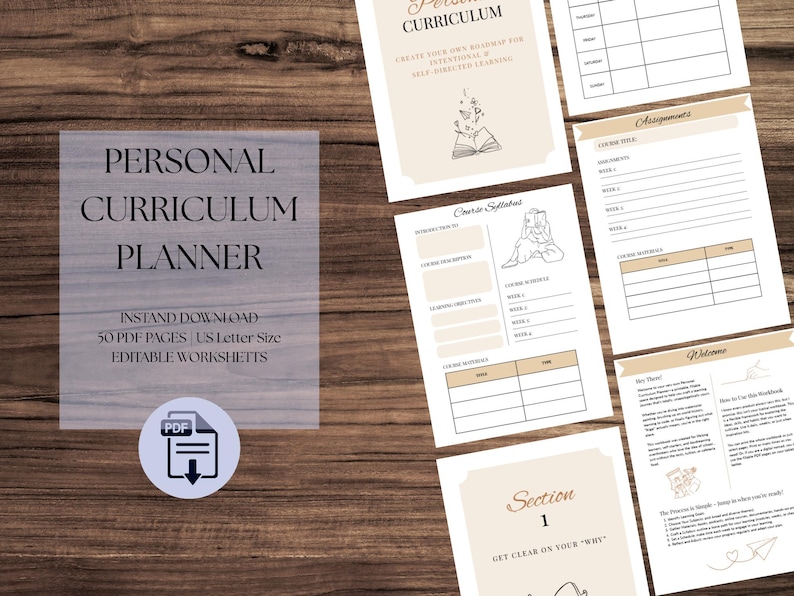 May include: A collection of printable planner pages on a wooden surface. The main title reads "Personal Curriculum Planner." The pages include sections for course syllabi, assignments, and worksheets. The planner is an instant download with 50 PDF pages in US Letter size.