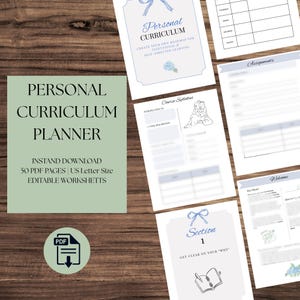 May include: Printable planner pages in a soft color palette. The pages include sections for personal curriculum, course syllabus, assignments, and welcome notes. The planner is available as an instant download with 50 PDF pages in US Letter size.