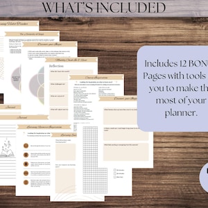 May include: A collection of printable planner pages with text including "Learning Habit Tracker", "The 4 Elements of Mind", and "Reflection". The image also includes a light blue box with the text "Includes 12 BONUS Pages with tools for you to make the most of your planner."