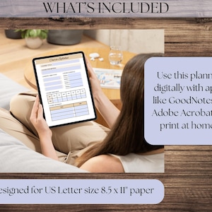 May include: A digital planner displayed on a tablet, featuring sections for client information and treatment tracking. The image includes the text "WHAT'S INCLUDED" and "Designed for US Letter size 8.5 x 11" paper". The planner can be used digitally or printed.