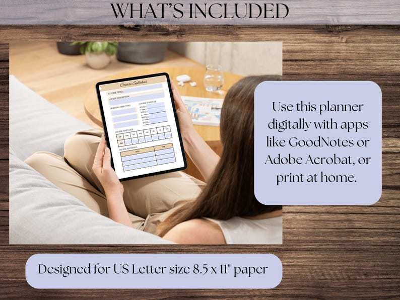 May include: A digital planner displayed on a tablet, featuring sections for client information and treatment tracking. The image includes the text "WHAT'S INCLUDED" and "Designed for US Letter size 8.5 x 11" paper". The planner can be used digitally or printed.