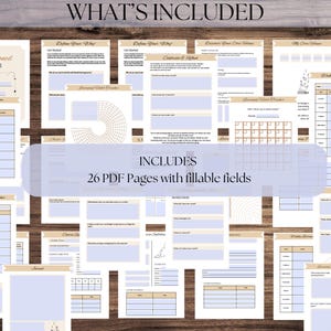 May include: A collection of 26 PDF pages with fillable fields, designed for planning and reflection. The pages feature a neutral color palette with beige and blue accents, and include sections for goal setting, habit tracking, and weekly progress. The text "WHAT'S INCLUDED" is at the top.