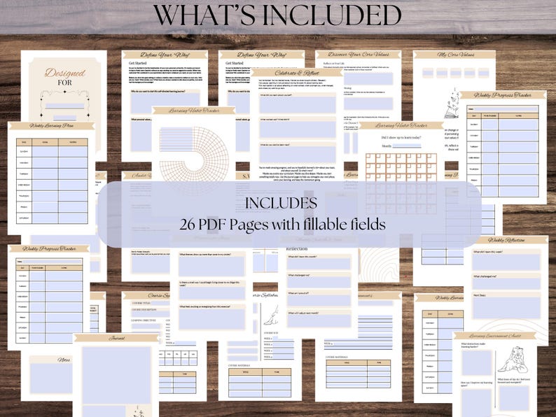 May include: A collection of 26 PDF pages with fillable fields, designed for planning and reflection. The pages feature a neutral color palette with beige and blue accents, and include sections for goal setting, habit tracking, and weekly progress. The text "WHAT'S INCLUDED" is at the top.