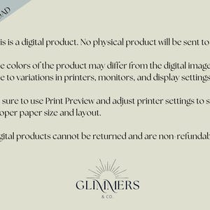 May include: Cream-colored digital product information sheet with text in a serif font. The text includes details about the product being digital, color variations, and refund policies. The words "DIGITAL DOWNLOAD" are in a diagonal banner. The Glimmers & Co. logo is at the bottom.