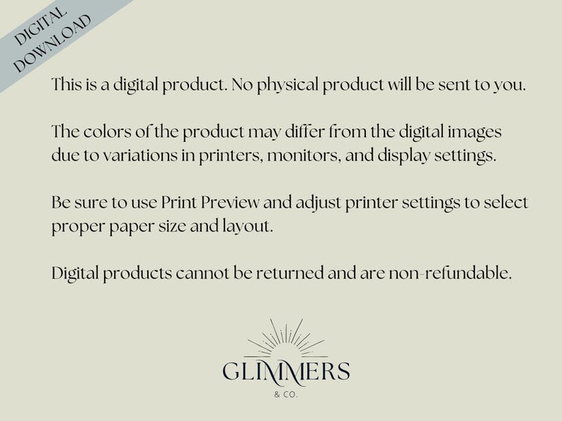 May include: Cream-colored digital product information sheet with text in a serif font. The text includes details about the product being digital, color variations, and refund policies. The words "DIGITAL DOWNLOAD" are in a diagonal banner. The Glimmers & Co. logo is at the bottom.