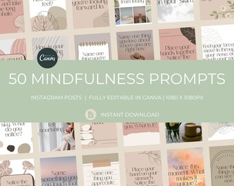 Instagram Mindfulness Posts Canva Template | 50 Editable Wellness Prompts for Coaches, Bloggers, Therapists