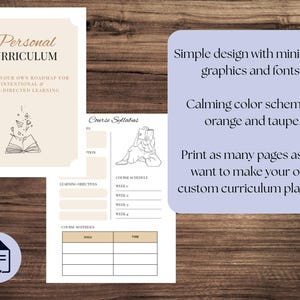 May include: A digital planner with a calming color scheme in orange and taupe. The planner includes a course syllabus and a personal curriculum roadmap. The text reads: "Personal Curriculum, Create your own roadmap for intentional & self-directed learning."