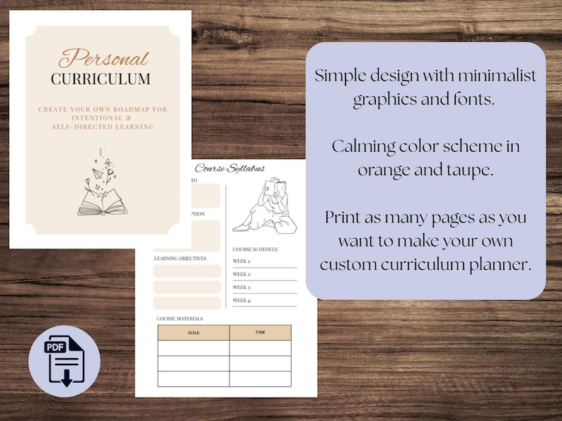 May include: A digital planner with a calming color scheme in orange and taupe. The planner includes a course syllabus and a personal curriculum roadmap. The text reads: "Personal Curriculum, Create your own roadmap for intentional & self-directed learning."