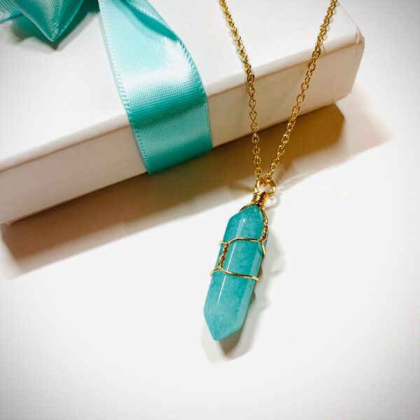 Teal Stone Wire Wrapped Pendant Gold Chain Necklace