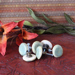 May include: A collection of ceramic cabinet knobs with a light blue and white swirl design. The knobs have metal hardware and are arranged on a textured, reddish-brown surface. A vibrant orange flower and green leaves are also present.
