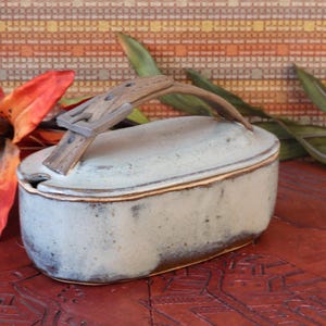 My favorite butter dish, butter keeper with lid and knife.  Never look for a butter knife.  single color, sculpted belt handle. dusty blue