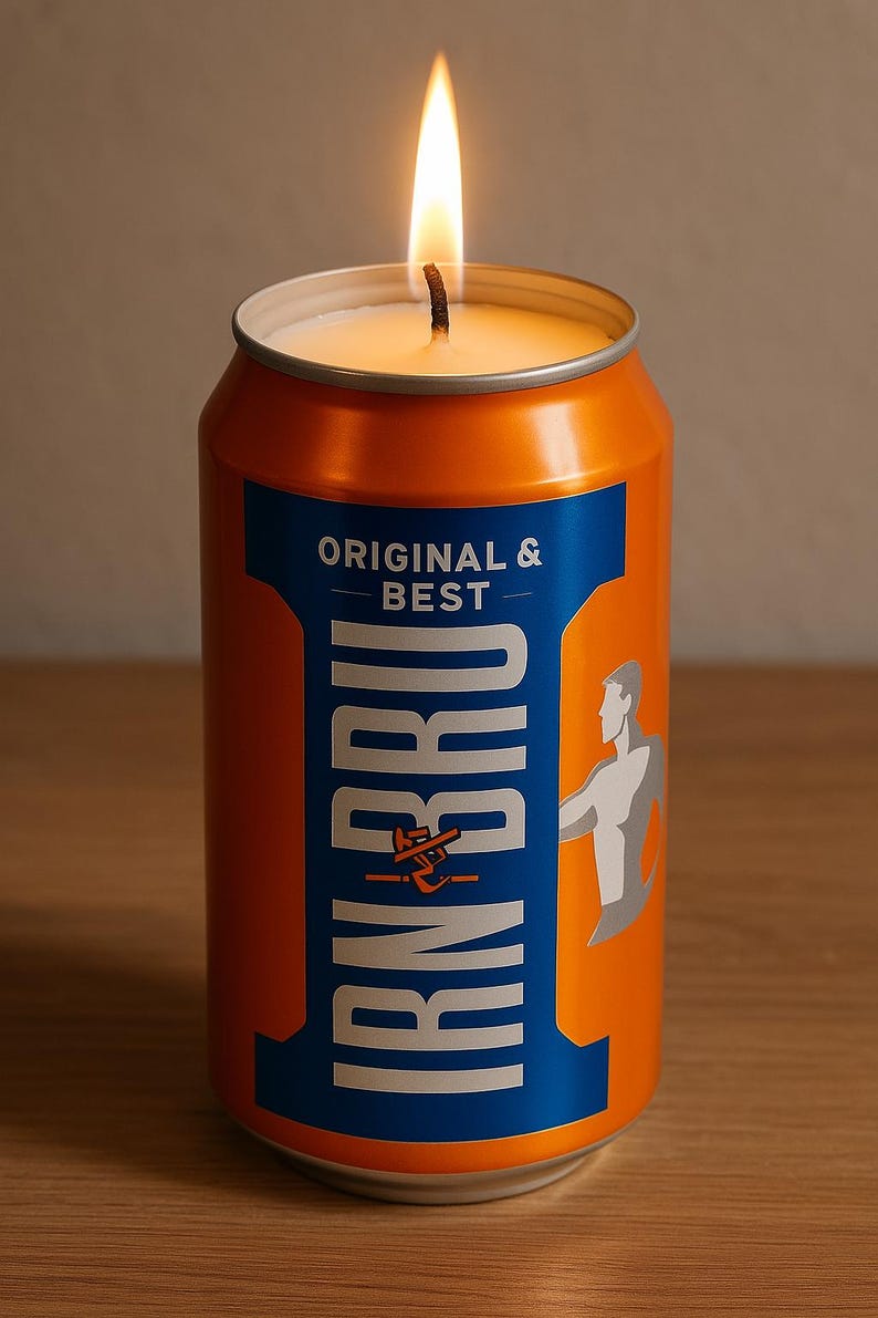 May include: A lit candle in an orange and blue IRN-BRU can. The can features the text "ORIGINAL & BEST" and a graphic of a person. The candle has a white wax base.