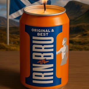 May include: An orange candle in a can with the text "IRN BRU" in white and blue. The candle has a lit wick and is set against a backdrop of a Scottish flag and mountains. The text "ORIGINAL & BEST" is also visible.