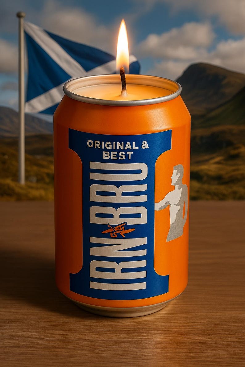 May include: An orange candle in a can with the text "IRN BRU" in white and blue. The candle has a lit wick and is set against a backdrop of a Scottish flag and mountains. The text "ORIGINAL & BEST" is also visible.