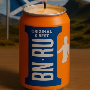 May include: Orange candle in a can with a blue label that reads "BN.RU" and "ORIGINAL & BEST". A white silhouette of a person is on the label. A lit candle sits atop the can, with a Scottish flag in the background.