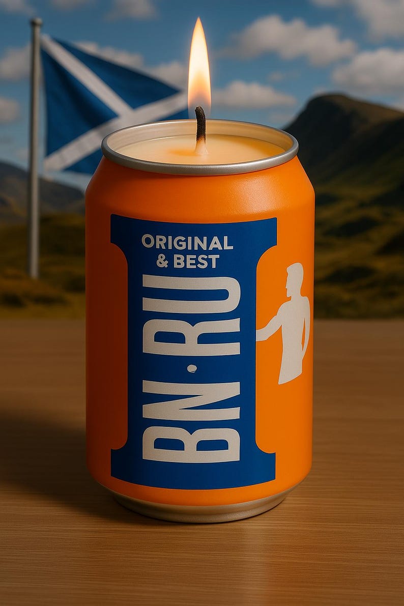 May include: Orange candle in a can with a blue label that reads "BN.RU" and "ORIGINAL & BEST". A white silhouette of a person is on the label. A lit candle sits atop the can, with a Scottish flag in the background.
