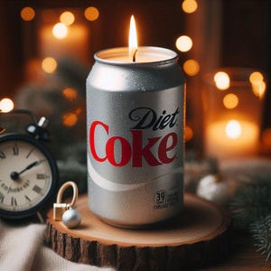 Peut inclure: Une bougie en forme de canette argentée avec une mèche allumée. La canette porte l'inscription "Diet Coke" en lettres rouges. La bougie est posée sur une tranche de bois.