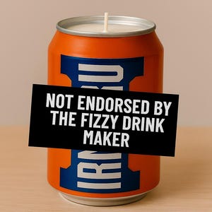 Könnte beinhalten: Orange-blaue Kerze in Form einer Getränkedose mit weißem Docht. Ein schwarzes Rechteck mit weißem Text "NOT ENDORSED BY THE FIZZY DRINK MAKER" ist angebracht. Die Kerze steht auf einer Holzoberfläche.