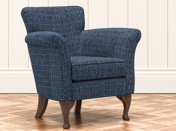 Blue Harris Tweed Fabian Tub Chair Herringbone Material With an