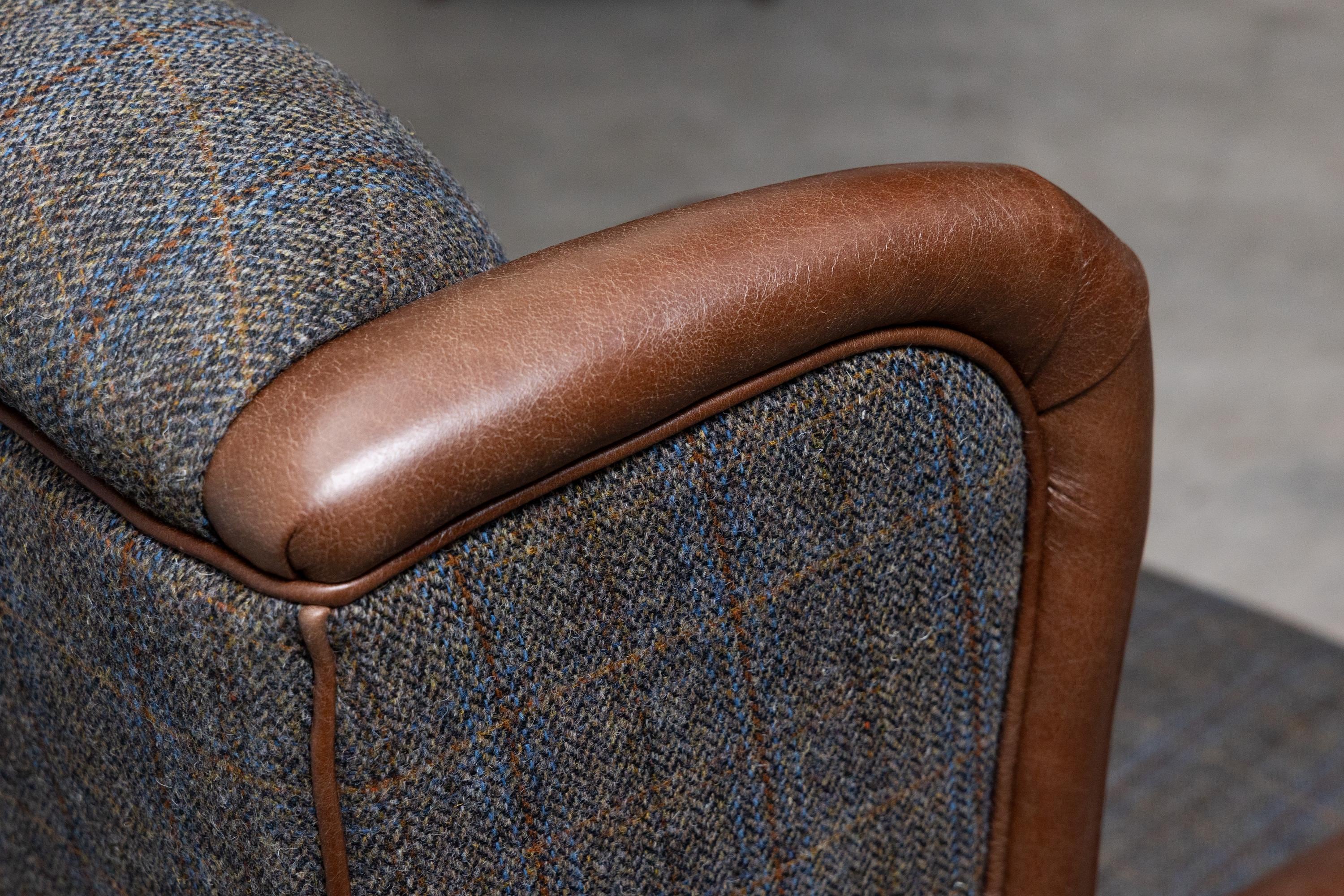 Harris Tweed Winged Chair, Herringbone Harris Tweed With Brown