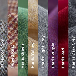 May include: Close-up of eight different fabric swatches in various colours and textures, including barleycorn sky, tweed rust, harris green, harris yellow, harris light grey, harris purple, harris red, and harris dark grey.