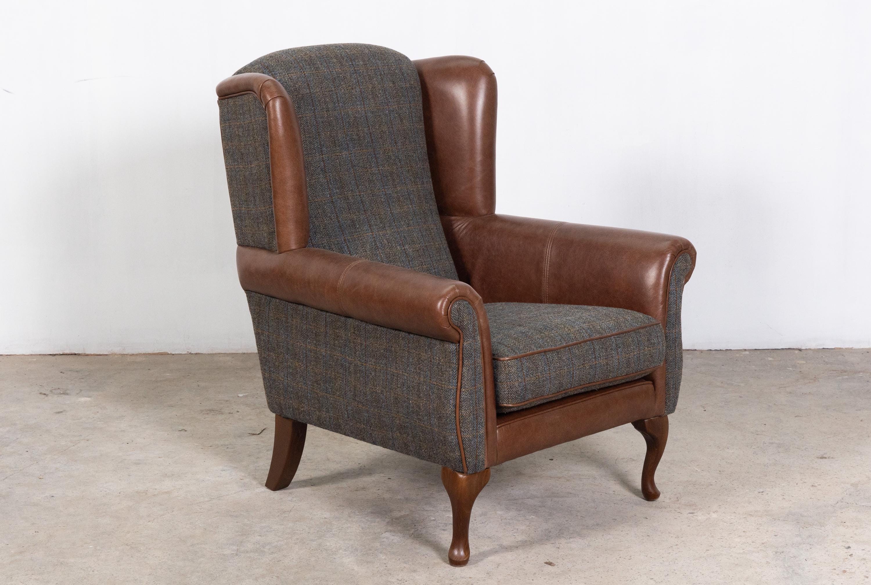 Harris Tweed Winged Chair, Herringbone Harris Tweed With Brown