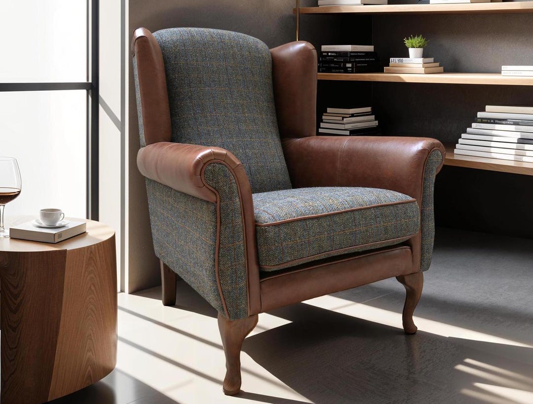 Harris Tweed Winged Chair, Herringbone Harris Tweed With Brown Hide ...