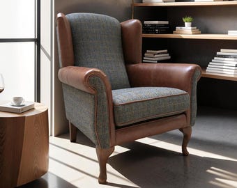 Harris Tweed Winged Chair, Herringbone Harris Tweed With Brown