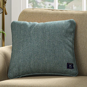 May include: A teal cushion with a herringbone weave pattern sits on a beige sofa. The cushion has a small label on the lower right corner. A lamp and a potted fern are visible in the background. The cushion is approximately 40 cm square.