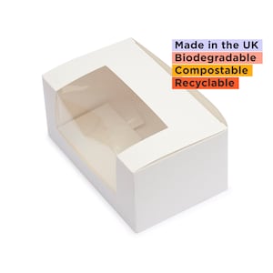 May include: White cardboard box with a clear window, made in the UK, biodegradable, compostable, and recyclable.