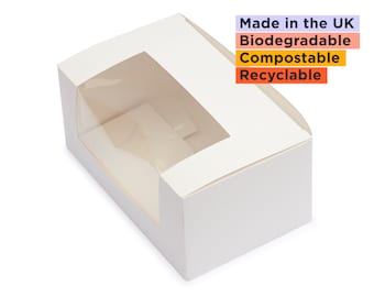 50 Cupcake boxes, Holds 2 cupcakes, Made in the UK, 179x110x80mm, BRC supplier, Compostable PLA window, Recyclable, Food safe