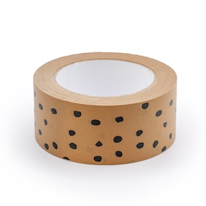 May include: A roll of brown packing tape with a black polka dot pattern. The tape is on a white background.
